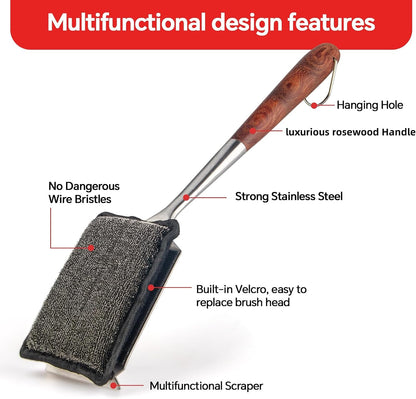 Bristle-Free Steam Cleaning Grill Brush Kit – Luxurious Long Rosewood Handle, Includes 1 Replacement Head – Safe BBQ Grill Cleaning for Outdoor Grill – Great Gift for Men/Dad