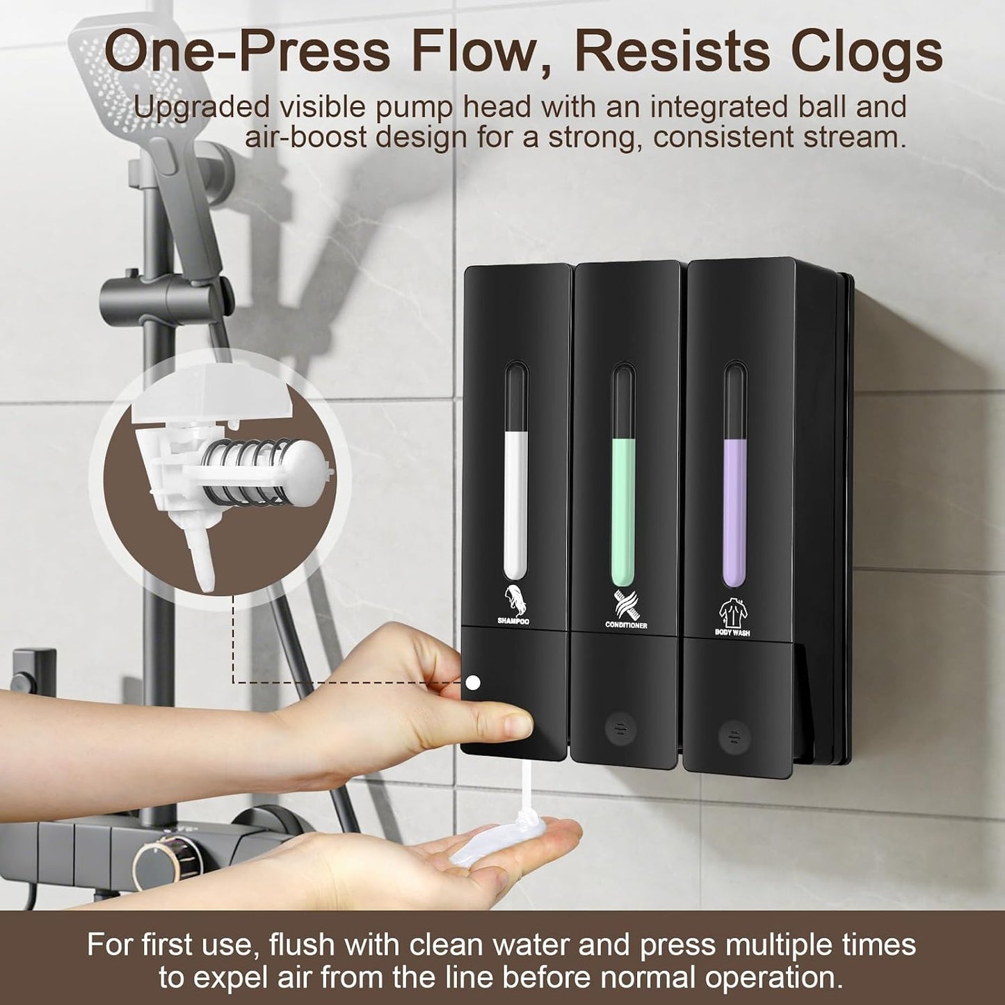 3 Chamber Shampoo and Conditioner Dispenser Set, No Drill Shower Soap | Refillable wall-mounted bottles, BPA-free. 3x400ml. Dispenses shampoo, conditioner,body wash, soap, lotion, gel. Black.