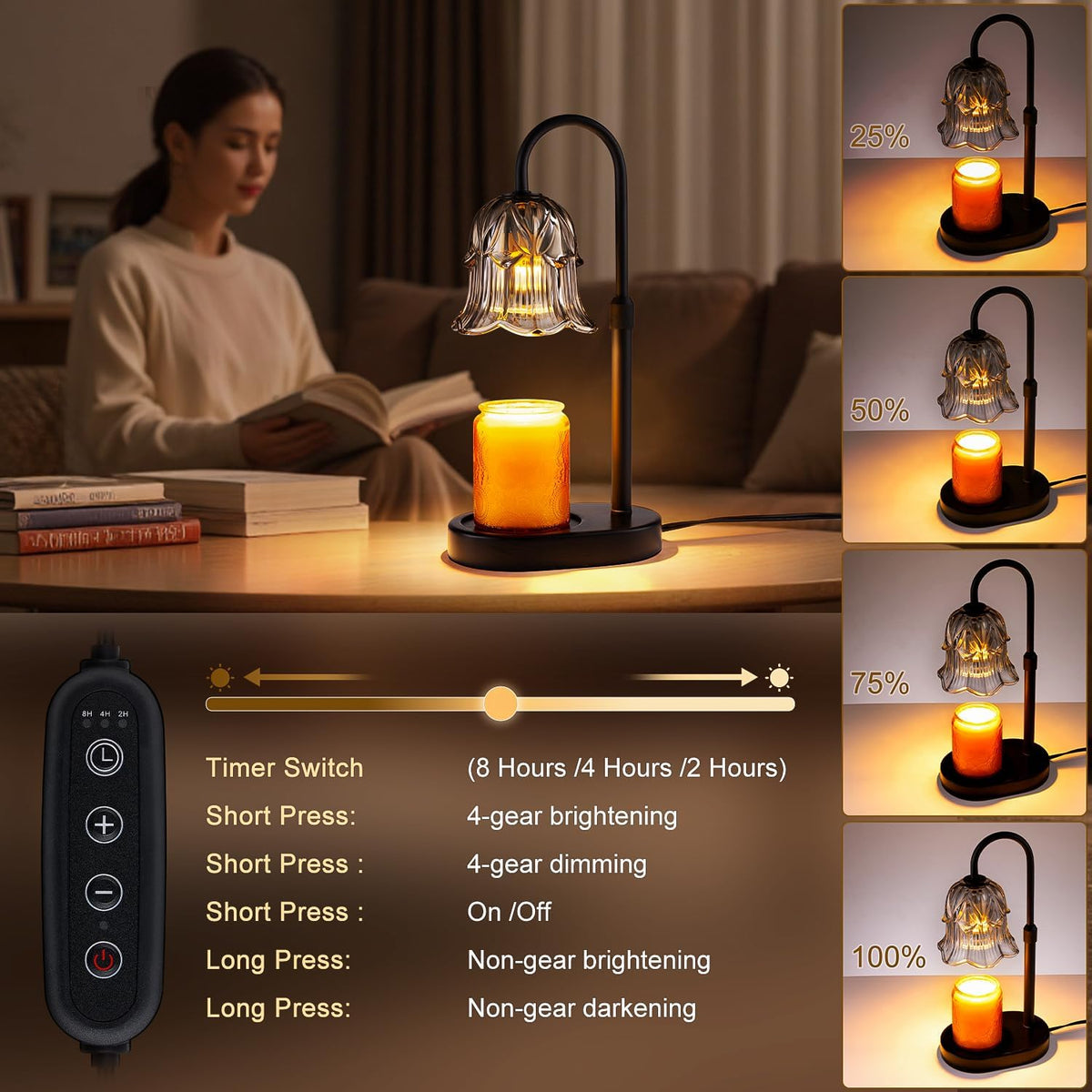 Candle Warmer Lamp Adjustable Timer - Electric Flower Glass Candles Light