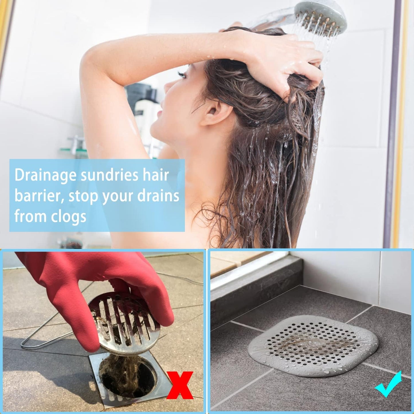 2 Pack Shower Drain Hair Catcher, Silicone Drain Cover with Suction Cup,Shower Drain Protector Drain Strainer Hair Stopper for Kitchen Bathroom Bathtub Sink(New Black 2Pack)