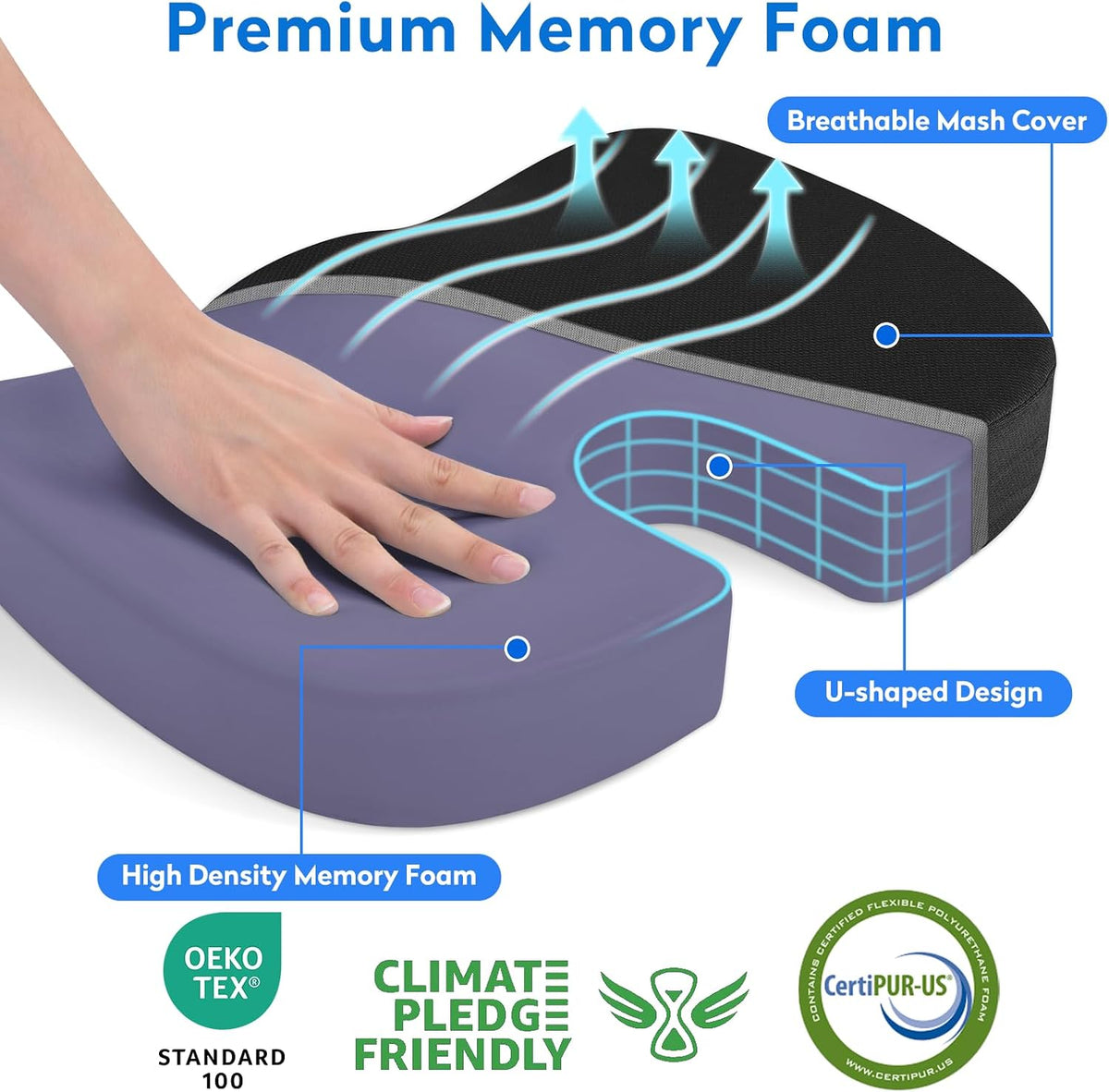 CushZone Seat Cushion Memory Foam Chair Pad for Office & Car, Black