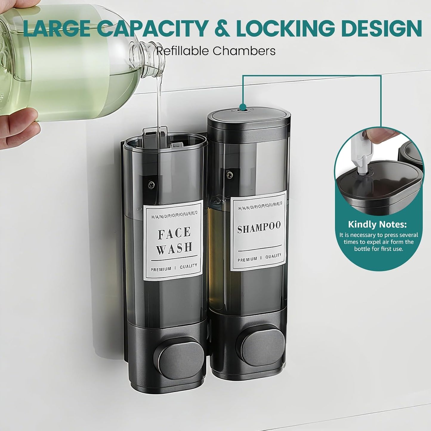 Wall Mounted Shower Soap Dispenser 3 Chamber,No Drill Shower Dispenser | Shampoo and Conditioner Dispenser for Bathroom Hotel Large Capacity, each 300ml with two waterproof labels,Gold