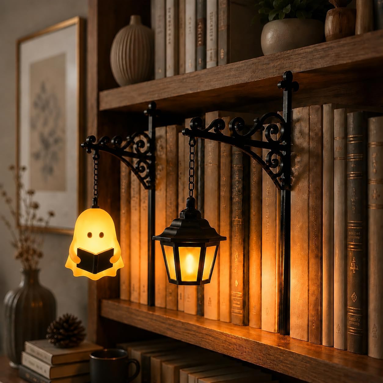 Library Lantern-Decorative Bookshelf Lighting, Mini Bookshelf Lamp Slides Between Books, Warm Amber LED Bookshelf Lights for Book Nook, Shelf Decor Gift for Book Lovers(Classic Lantern)