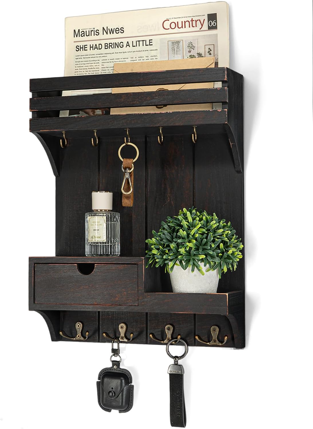Rebee Vision Key Holder Wall Mount with Drawer Organizer for Entryway,Brown | Pine Wood, 6 Key Hooks, Display Shelf for Plants, Mail Slot for Storage Letter, Multi-Funtional Design, Home Storage