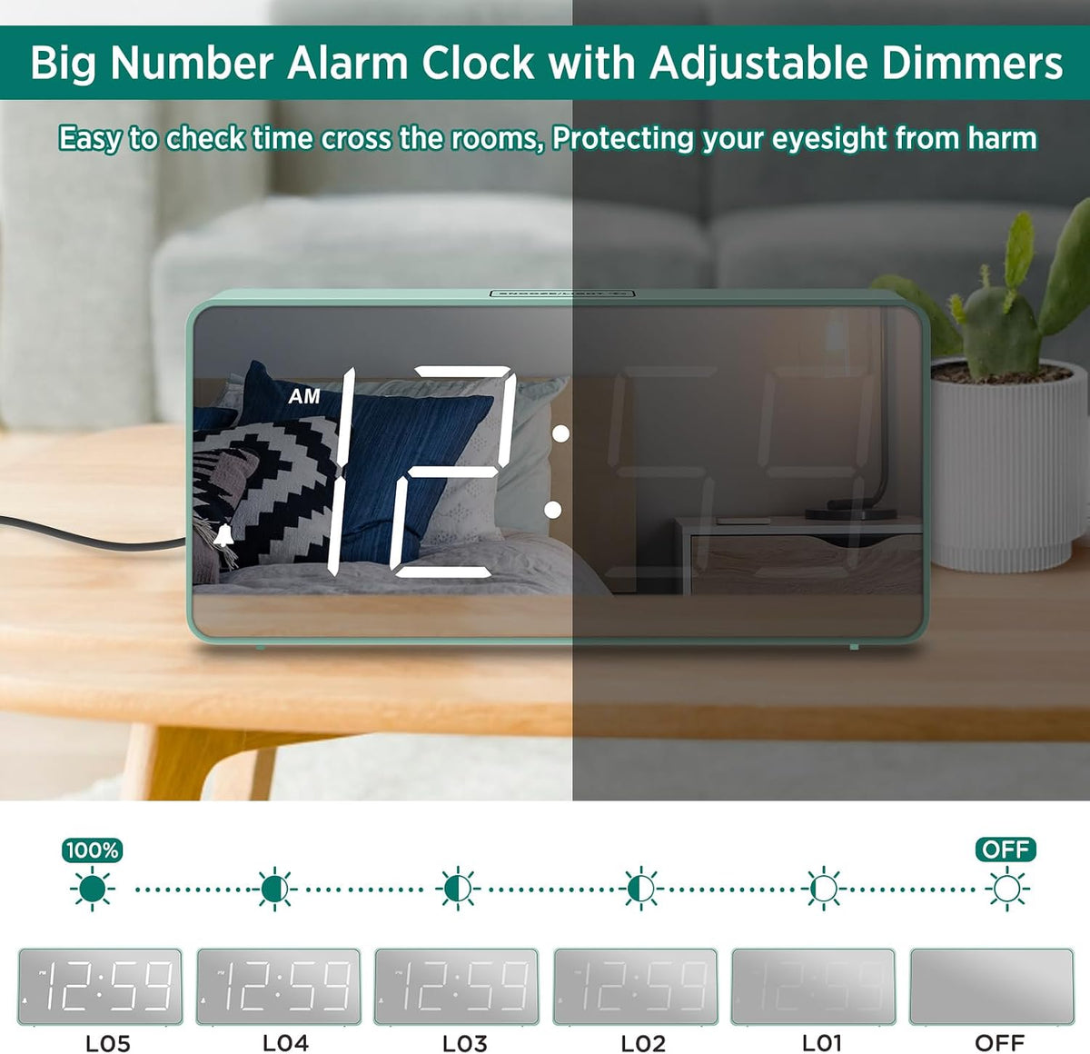 Peakeep Digital Alarm Clock for Bedroom Bedside, Large Display, USB Charger