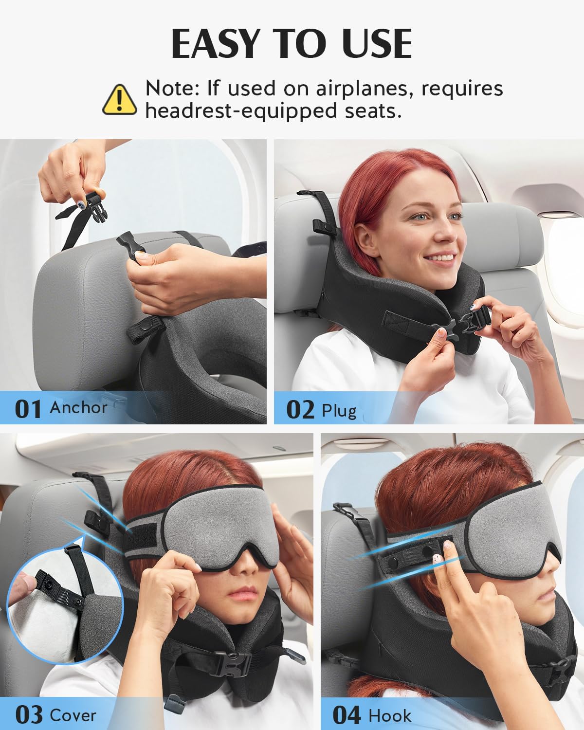 YFONG Travel Pillow with Head Support & Sleep Mask for Long Flights, Black | Patented 360° Support System, Prevents Bobbing, Airplane Head Strap, 3D Eye Mask, Memory Foam Neck Pillow, Travel Essential