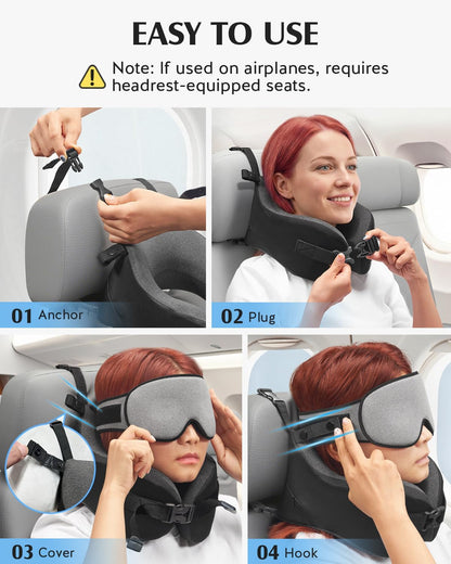YFONG Travel Pillow with Head Support & Sleep Mask for Long Flights, Black | Patented 360° Support System, Prevents Bobbing, Airplane Head Strap, 3D Eye Mask, Memory Foam Neck Pillow, Travel Essential