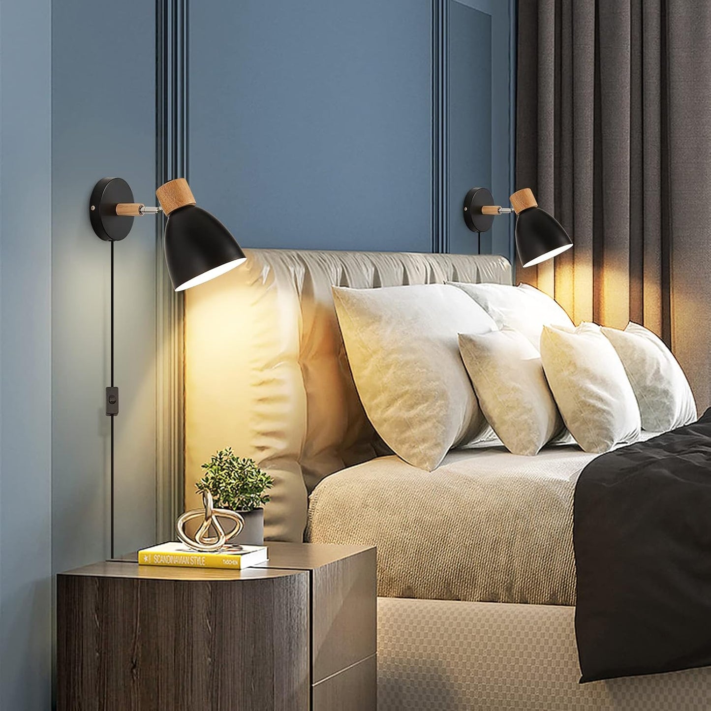 Wall Sconces Plug in, Swing Arm Wall Lamp with Power Cord, White Plug in Wall Lighting Fixtures Set of Two, Bedside Wall Mounted Reading Lamp with Switch, for Bedside Bedroom Hallway