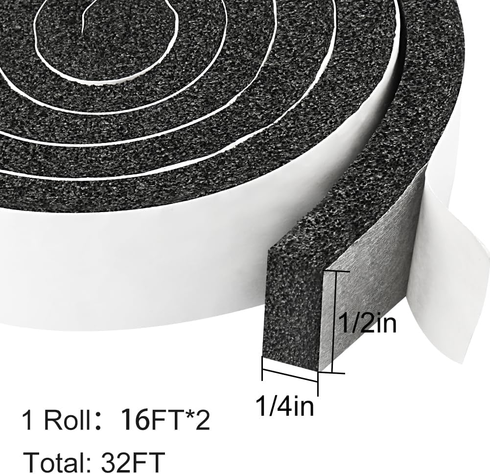 2 Rolls Foam Seal Tape for Door Window Insulation, Soundproof and Shockproof Foam Adhensive Strip, 3/8" Wx3/16 T Single Sided Foam Tape, Cold Air and Draft Closed Cell Seal Strip,Total 32FT