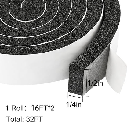 2 Rolls Foam Seal Tape for Door Window Insulation, Soundproof and Shockproof Foam Adhensive Strip, 3/8" Wx3/16 T Single Sided Foam Tape, Cold Air and Draft Closed Cell Seal Strip,Total 32FT
