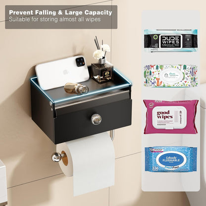 Voldra Toilet Paper Holder with Shelf, Flushable Wipes Dispenser for Bathroom, Adhesive Toilet Paper Roll Holder with Storage Wall Mount Stick On Bathroom Tissue Holder Front Flip Design (Matte Black)