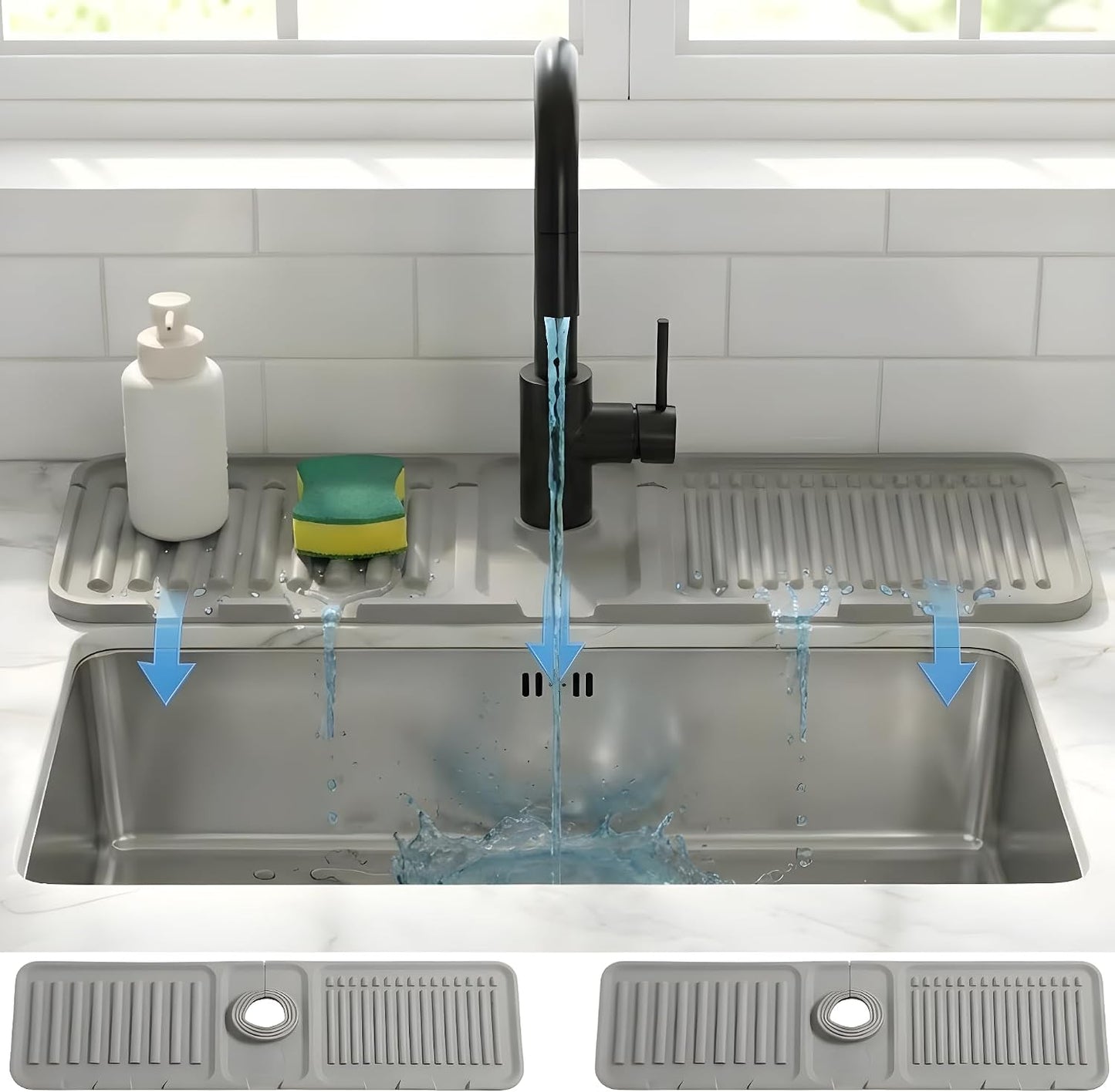 Silicone Faucet Mat for Kitchen Sink Splash Guard, 2-Piece Set – Each (15 × 4.5 in) – 5° Slope Fast Draining Water Guard – Universal Fit for 3.5–6 cm Faucets – Counter Protection, Grey