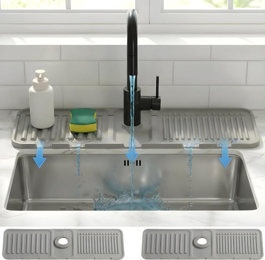 Silicone Faucet Mat for Kitchen Sink Splash Guard, 2-Piece Set – Each (15 × 4.5 in) – 5° Slope Fast Draining Water Guard – Universal Fit for 3.5–6 cm Faucets – Counter Protection, Grey