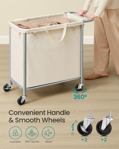 SONGMICS Laundry Basket with Wheels, 4-Section Rolling Laundry Hamper, 68.6 Gallons (260 L), Removable Liner, Steel Frame with Handle, 43.3 x 15.4 x 31.9 Inches, Cream White URLS014W01