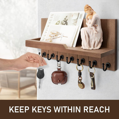 Rebee Vision Key Holder Wall Mount with 5 Key Hooks for Home Decor, Brown | 3.54'' x 10'' x 7.28'', Small Shelf for Display Plant, Key Hangers for Hat, Entryway Space-Saving Storage