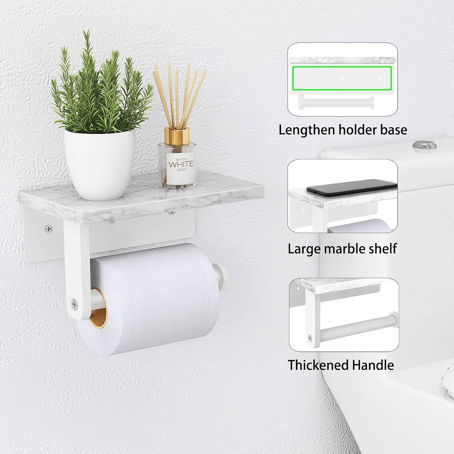 Gypie Marble Toilet Paper Holder with Shelf, Wall Mounted Matte Black | Stainless Steel Tissue Roll Paper Holder Dispenser for Bathroom Washroom