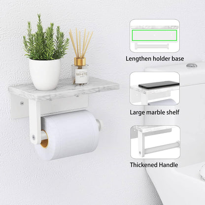 Gypie Marble Toilet Paper Holder with Shelf, Wall Mounted Matte Black | Stainless Steel Tissue Roll Paper Holder Dispenser for Bathroom Washroom