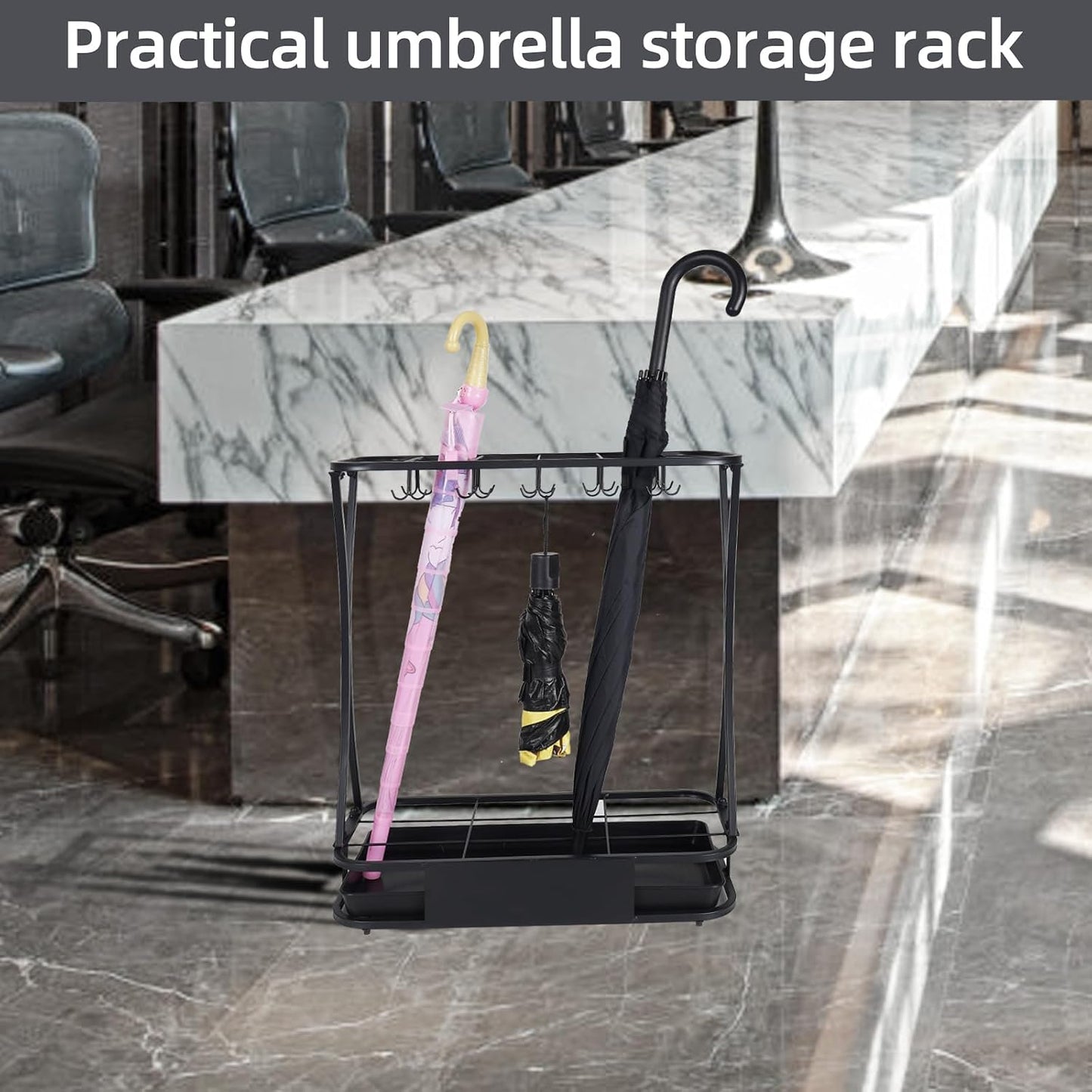15 Slot Umbrella Stand with 8 Hooks – Heavy Duty Metal Indoor Umbrella Rack Holder with Removable Drip Tray – Large Commercial Entryway Organizer for Office, Lobby or Home