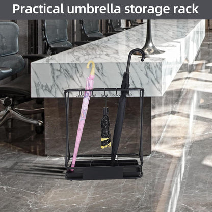 15 Slot Umbrella Stand with 8 Hooks – Heavy Duty Metal Indoor Umbrella Rack Holder with Removable Drip Tray – Large Commercial Entryway Organizer for Office, Lobby or Home