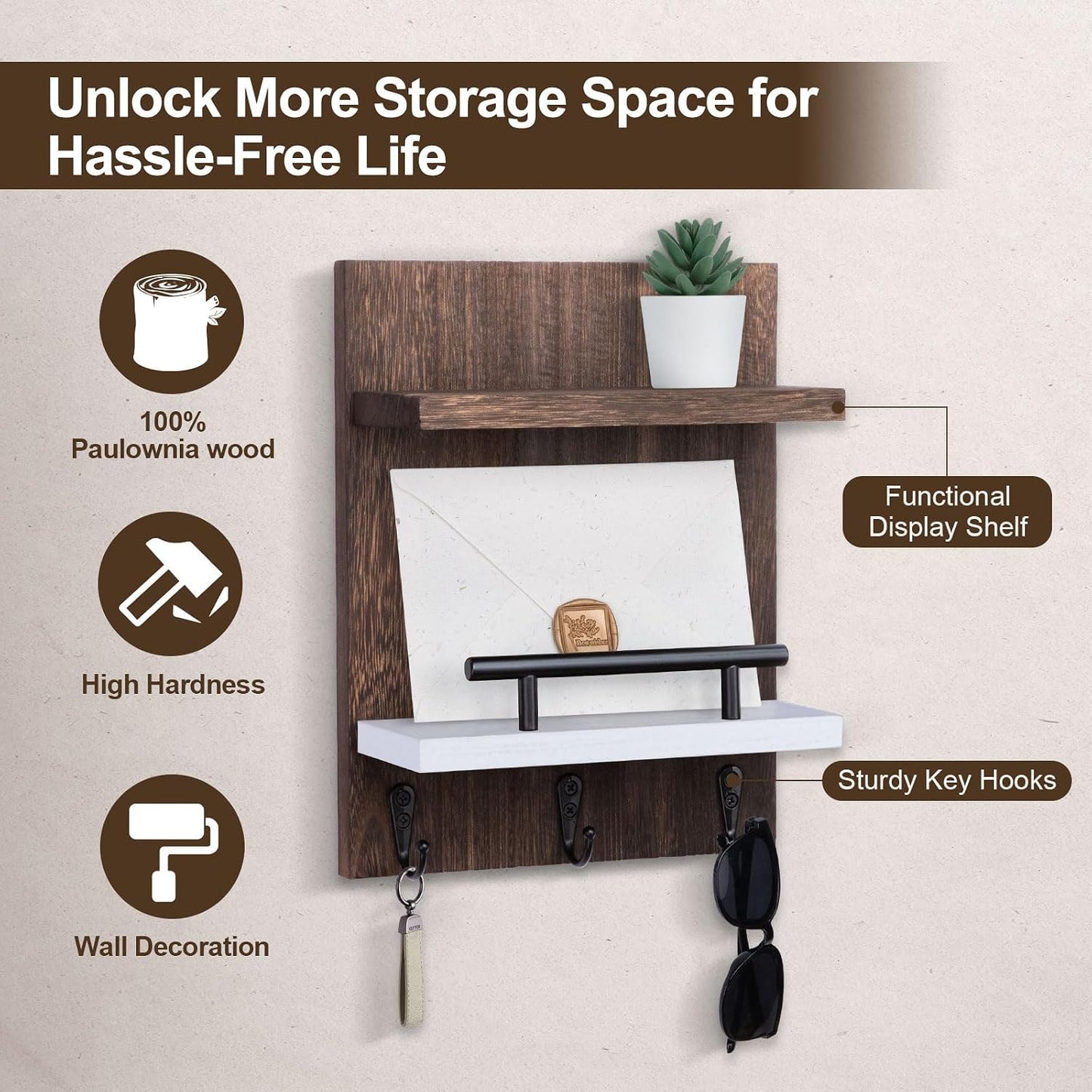 Key Holder Wall Mount, Mail Shelf Decor with 3 Key Hooks, Versatile Wood Wall Organizer for Entryway Hallway (8.2” x 10.6”x 3.6”) (White) | Farmhouse Key Hanger Holds Dog Leash, Sunglasses – Decorative Mail Organizer Home Decor