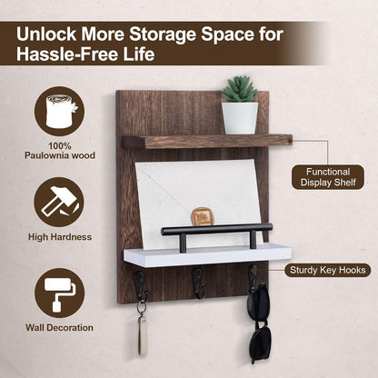 Key Holder Wall Mount, Mail Shelf Decor with 3 Key Hooks, Versatile Wood Wall Organizer for Entryway Hallway (8.2” x 10.6”x 3.6”) (White) | Farmhouse Key Hanger Holds Dog Leash, Sunglasses – Decorative Mail Organizer Home Decor
