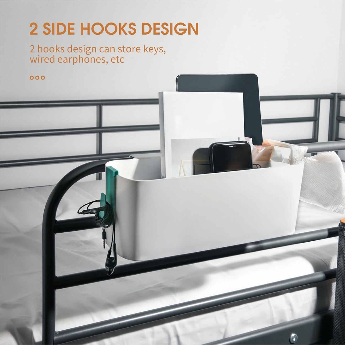Bedside Hanging Caddy Hanging Storage Shelf Organizer Bed Organizer Basket Accessories with 2 Hooks for Baby Bed Rails Shelves Holder Dormitory College Dorm Room (White)