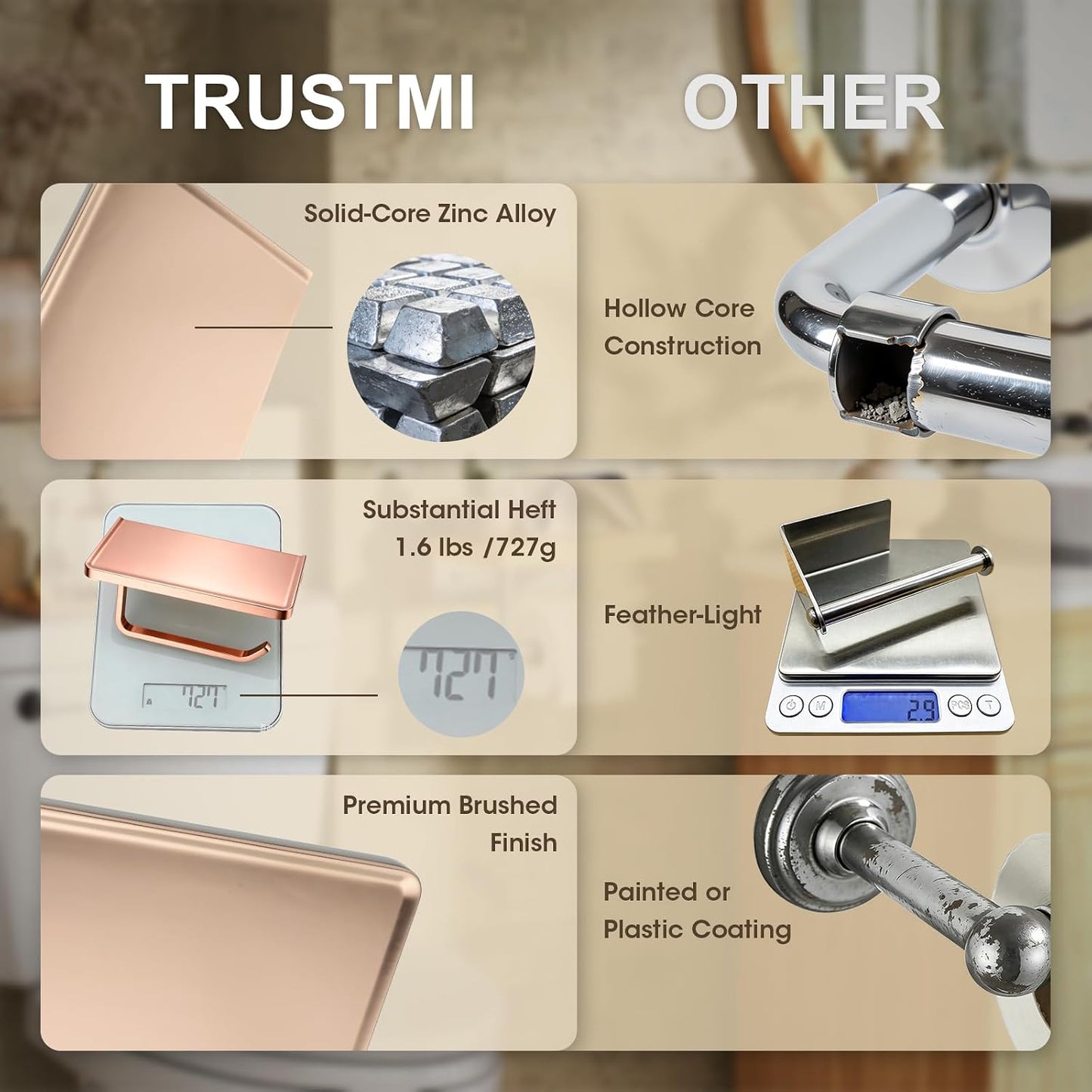TRUSTMI Toilet Paper Holder with Phone Shelf, Zinc Alloy, Brushed Gold | Solid zinc alloy holder holds 15 lbs and fits jumbo rolls. Shelf stores phones and wipes for easy bathroom organization