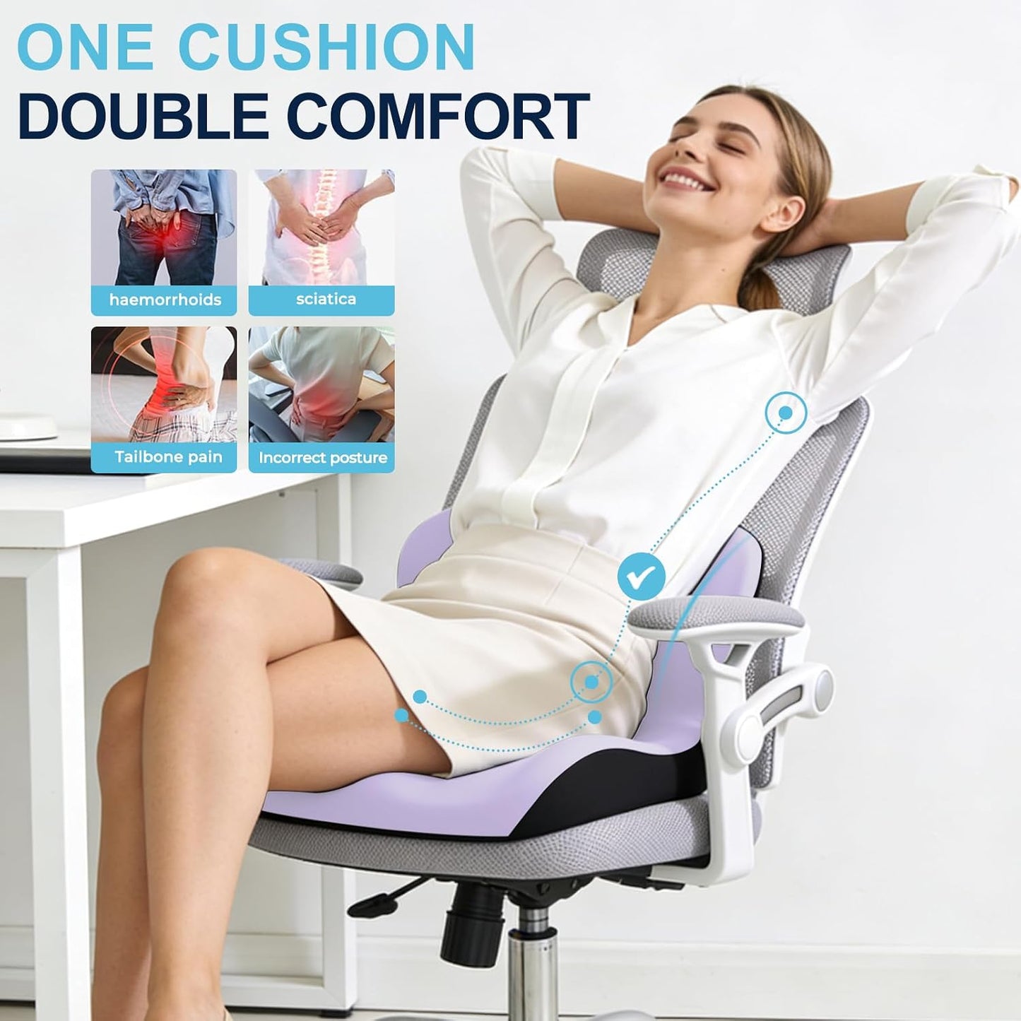 Seat Cushion for Office Chair and Car, L-Shaped Ergonomic Car Seat Cushions, Memory Foam Chair Cushion, Lumbar Support Pillow for Wheelchair, Car, Home, Office, Desk, Black