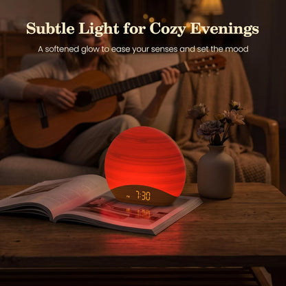 REACHER Wood Grain Sunrise Alarm Clock and Sound Machine Nightlight, Digital Dimmable Clock for Bedroom, 26 Sleep Sounds, White Noise Machine for Baby, Adults, Wake Up Light Alarm Clock for Kids | Digital Dimmable Clock for Bedroom, 26 Sleep Sounds,