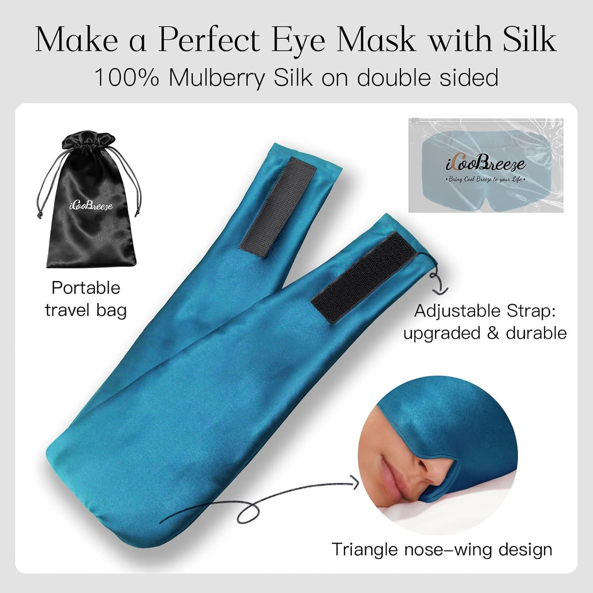 100% Natural Silk Eye Mask for Women Men, Soft Pressureless Cooling Blackout Eye Covers for Sleeping, Large Size Sleep Mask fits All Heads Adjustable, 1PC, Black