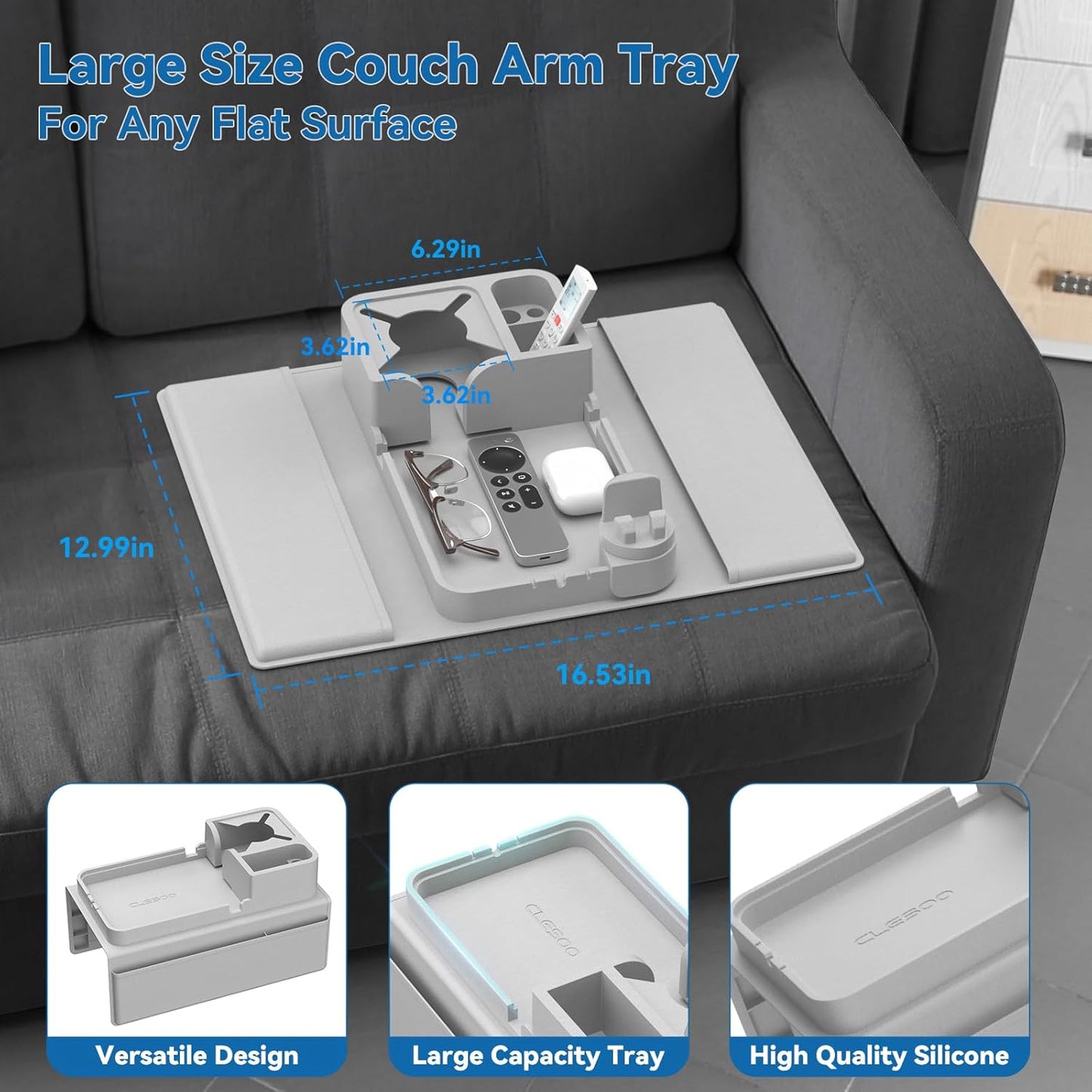 Couch Arm Cup Holder CLESOO Couch Arm Tray Anti-Slip Couch Cup Holder Silicone Sofa Armrest Tray Dual Side Pocket Couch Drink Holder Sofa Caddy Arm Remote Holder Snack Caddy with Phone Holder Blue