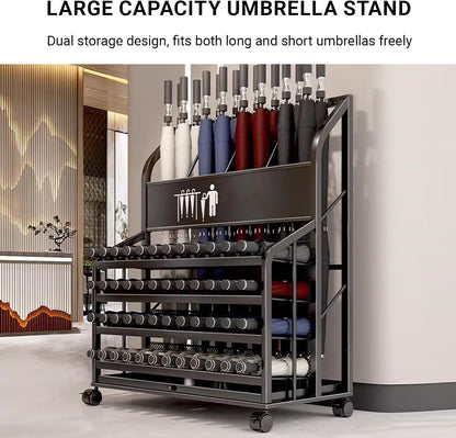 Umbrella Stand with Dual-Tier Partition, Umbrella Holder for Entryway with Drip Tray & Wheels, Thickened Iron Storage Rack for Long/Folding Cane(Black,Small)