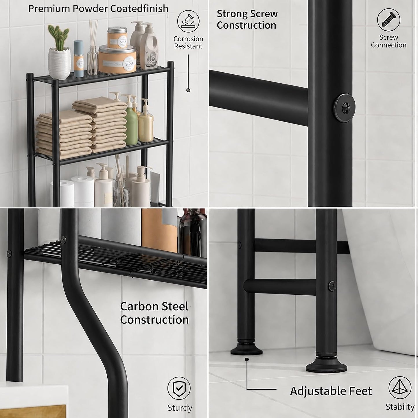 GloTika 3-Tier Over Toilet Storage, Anti-Tilt, 64" H, Black | Anti-Tilt Safety System, 150lb Capacity, Carbon Steel, Freestanding, No Drilling, Anti-Rust Coating, Paper Holder & 4 Hooks