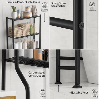 GloTika 3-Tier Over Toilet Storage, Anti-Tilt, 64" H, Black | Anti-Tilt Safety System, 150lb Capacity, Carbon Steel, Freestanding, No Drilling, Anti-Rust Coating, Paper Holder & 4 Hooks