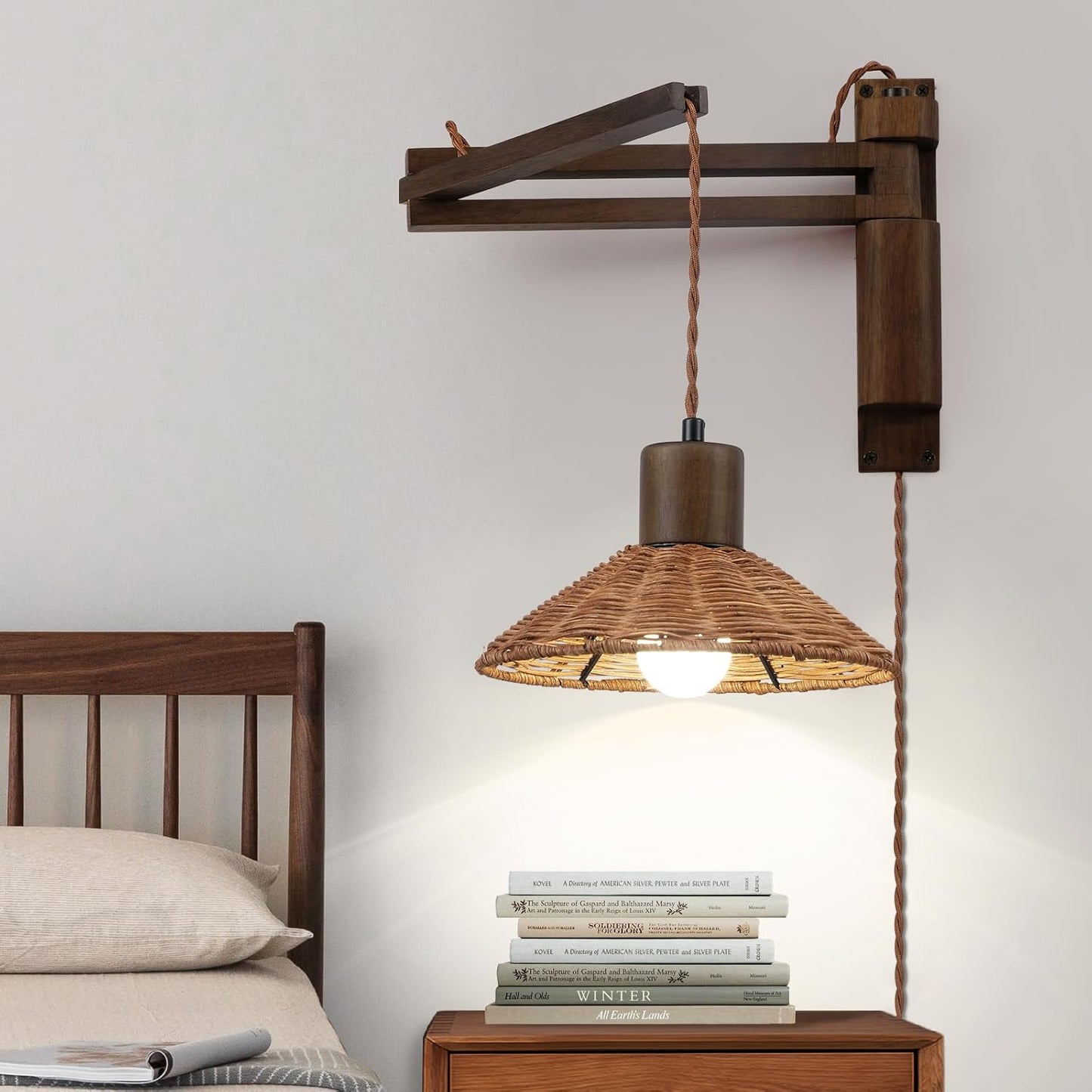 maesta Plug in Wall Lamp, Wood Swing Arm Wall Sconce for Bedroom | Swing Arm Wall Lamp, Natural Wood Finish with Corded Plug In Design, Dimmable Switch and Bulb Included for Bedroom Bedside