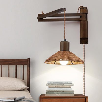 maesta Plug in Wall Lamp, Wood Swing Arm Wall Sconce for Bedroom | Swing Arm Wall Lamp, Natural Wood Finish with Corded Plug In Design, Dimmable Switch and Bulb Included for Bedroom Bedside
