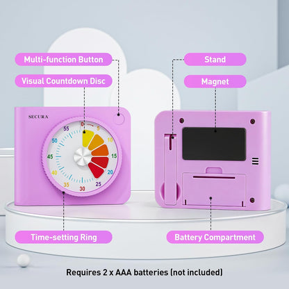 Secura 60 Minute Visual Timer for Kids, Countdown Timer for Time Management | Silent ADHD Timer with Pause, Magnetic Back, Stand, for Classroom, Home, School, Kitchen, Office (Purple)