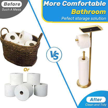 Exilon Toilet Paper Holder Stand for Bathroom Floor Freestanding Toilet Roll Dispenser Storages 4 Reserve Rolls, with Top Storage Shelf for Cell Phone (Brushed Nickel)