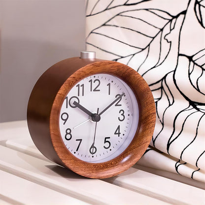 Round Wooden Alarm Clock Analog Non Ticking Night Light Snooze | Silent Arabic Numerals Battery Operated for Desktop Bedroom Bedside Brown