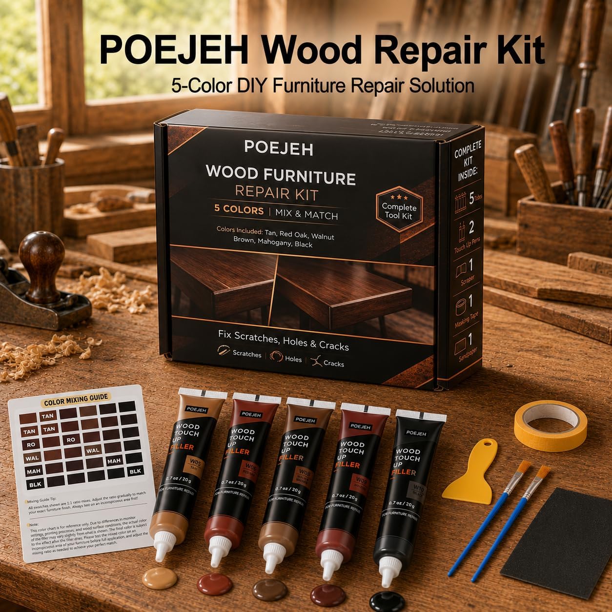 10 Color Wood Repair Kit Blendable Anti-Crack Furniture Restore Set | Full Tool & Color Chart, Strong Adhesion, Repairs Floor Cabinet Wood Surfaces, Practical Housewarming DIY Gift Kit