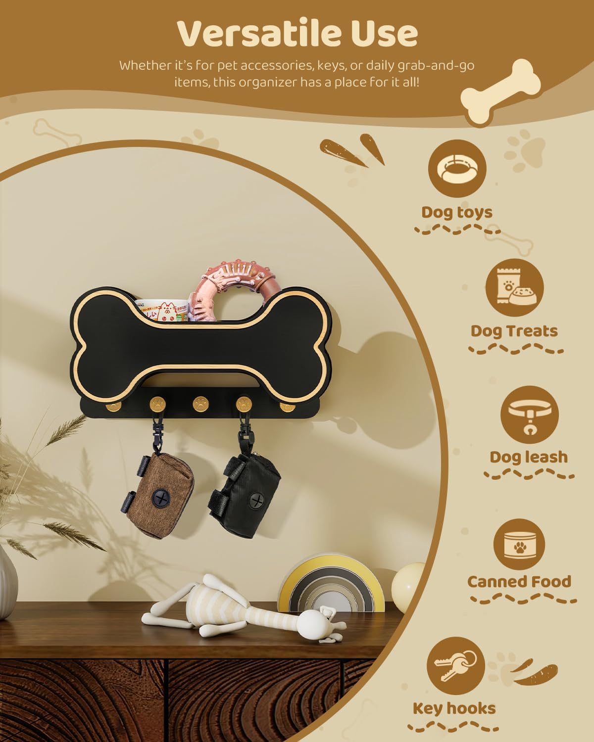 MTERSN Dog Leash Holder for Wall with Key Hooks for Dog Gear Storage, Brown | 3D Puppy Paw Hooks, Doggie Bone Shape, Key Rack with 5 Hooks, Wall Shelf for Treats & Dog Food, Ideal for Wall Decor