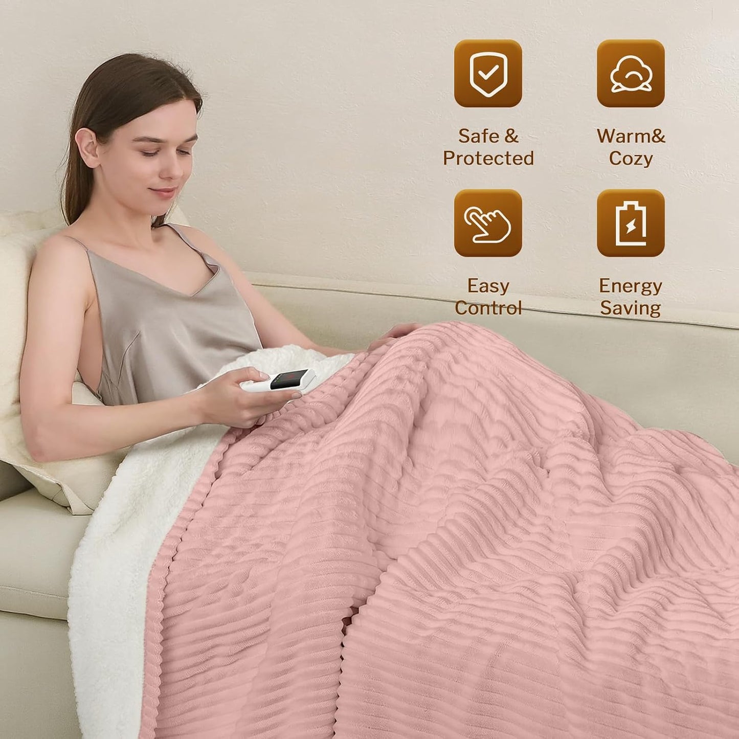 Heated Throw Blanket, 5 Heat Levels, 3 Hours Auto-Off, White | ETL & FCC certified, 50" × 60", OEKO-TEX fabric, machine washable, 100W low energy