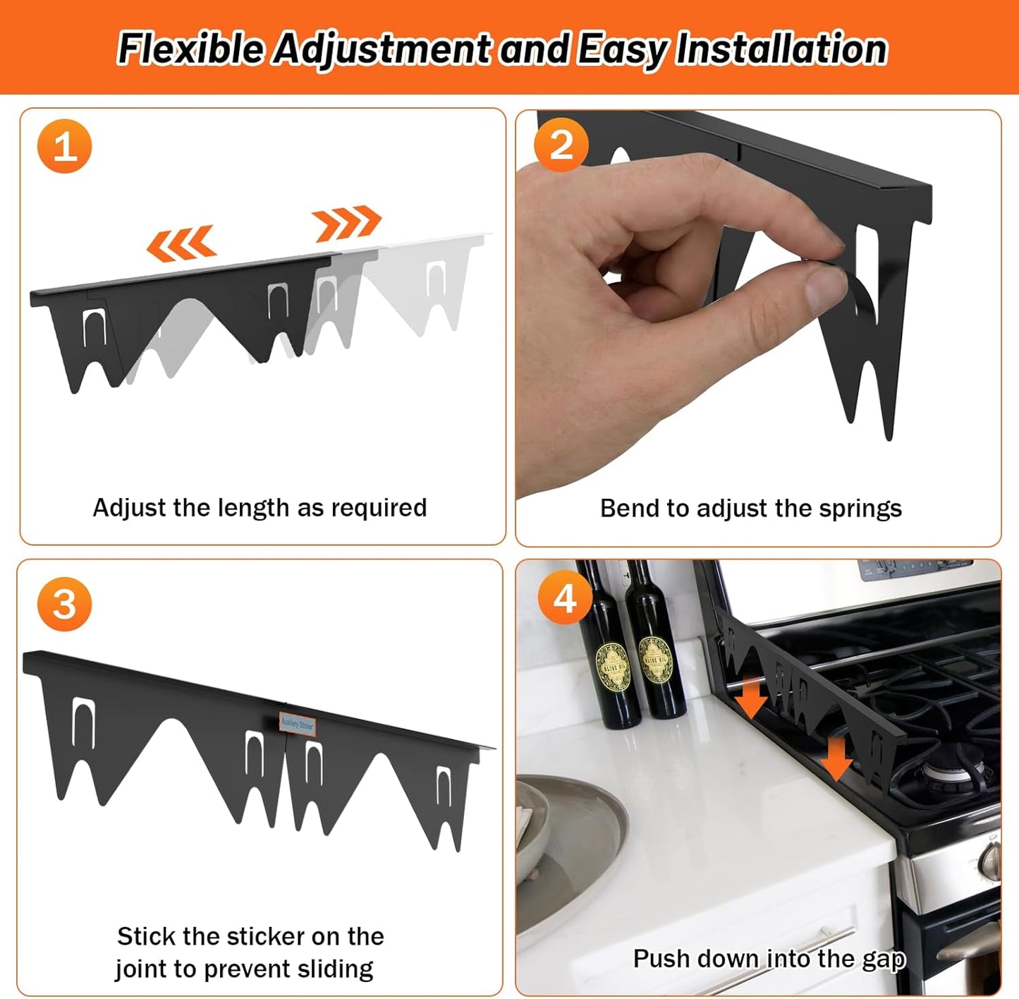 Stainless Steel Stove Gap Covers (2PCS),Stove Gap Filler,Range Trim Kit,Stove Guard for Kitchen Oven Gap Between Stovetop and Counter,Easy Clean Heat Resistant,Adjustable Length 13.8'' to 27.5'',Black