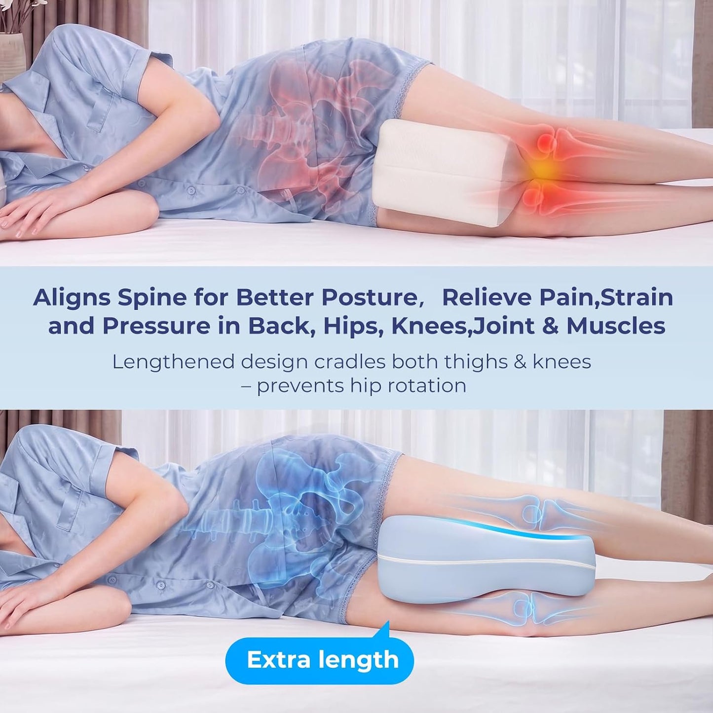 13" Long Knee Pillow for Side Sleepers – Thigh Support and Alignment | Memory Foam Leg Pillow for Side Sleeping with Airflow Vent Reduces Heat – No Stiffening, Relieves Back/Hip/Knee Pain