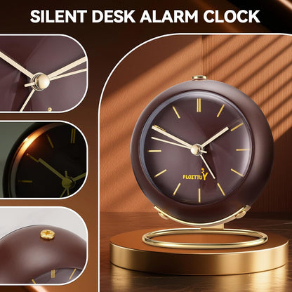 FLOITTUY Silent Table Analog Alarm Clock No Ticking, Lighted on Demand and Battery Operated, Beep Sounds, Small Desk Clock(Cocoa Brown)