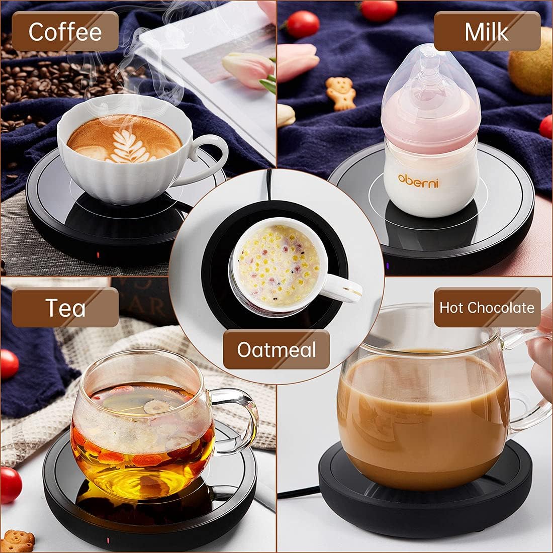 Mug Warmer with 4-Hour Auto Shut Off, 3 Temperature Settings, Frosted Black Rectangular Electric Beverage Heater, Borosilicate Glass Panel, 54-Inch Cord, Coffee Warmer for Desk, Tea Warmer