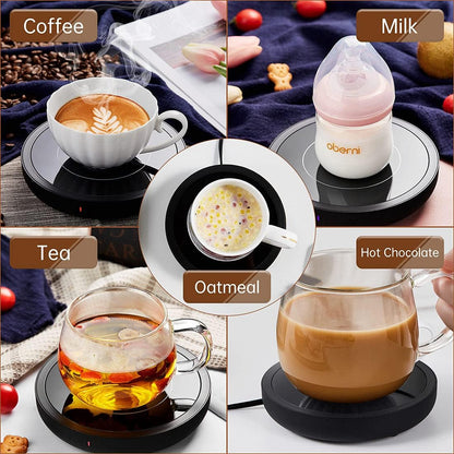Mug Warmer with 4-Hour Auto Shut Off, 3 Temperature Settings, Frosted Black Rectangular Electric Beverage Heater, Borosilicate Glass Panel, 54-Inch Cord, Coffee Warmer for Desk, Tea Warmer