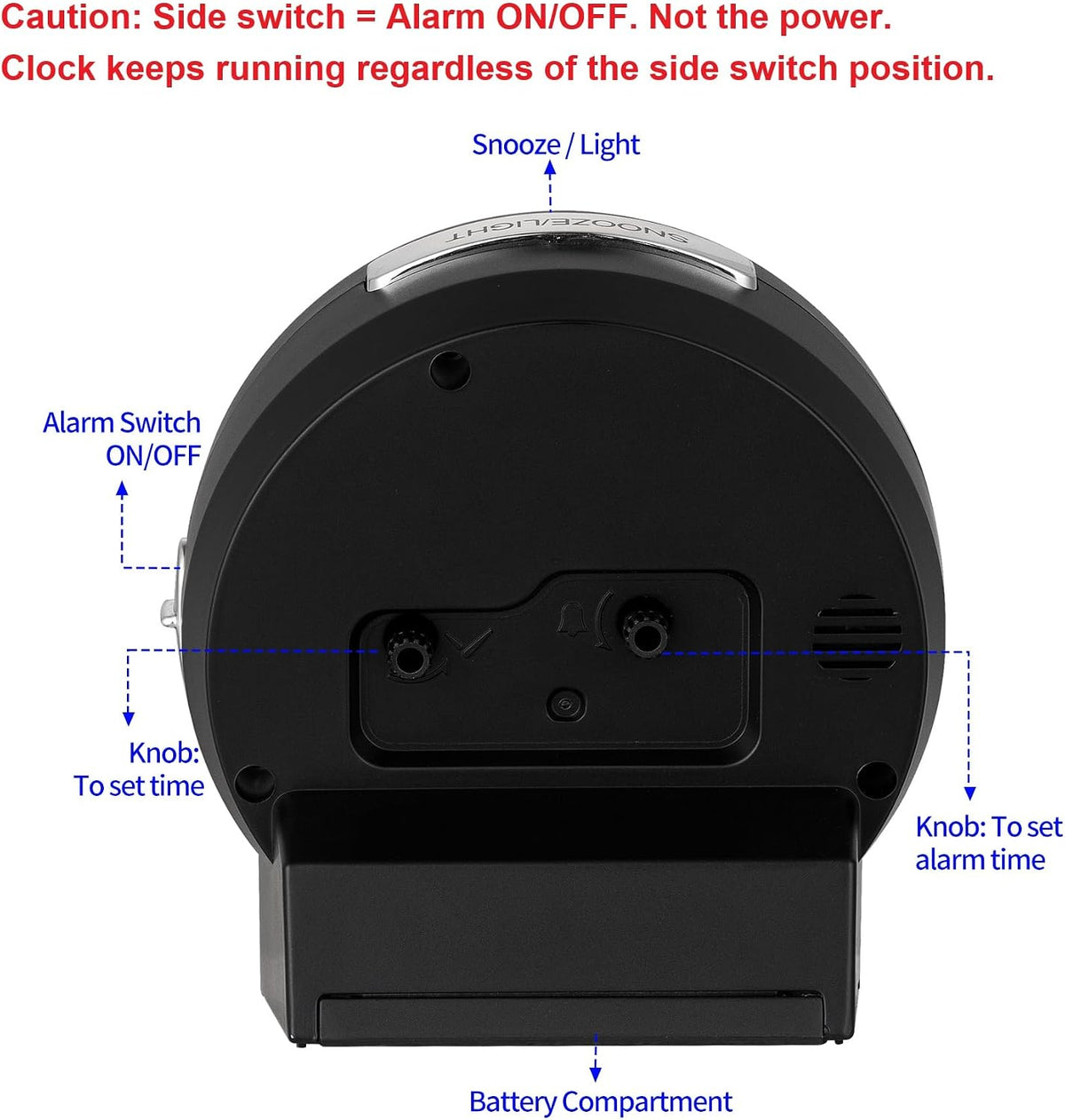 Tinload 4.3" No Ticking Analog Alarm Clock,Silent Readable for Seniors,Easy to Set,Gradual Rise Alarm,Big Numbers,On/Off Switch on Side,Gentle Wake,Snooze,Lighted on Demand,Battery Operated,Black