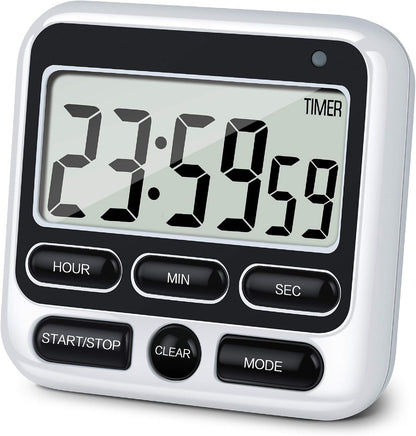 4-in-1 Digital Timer with Count Up/Down, Clock & Alarm, Ring & Silent Modes | Large 2.8-Inch easy-read LCD, On/Off switch, 24-Hour count up/down, Fast-forward function, Magnetic back, stand, hanging hole