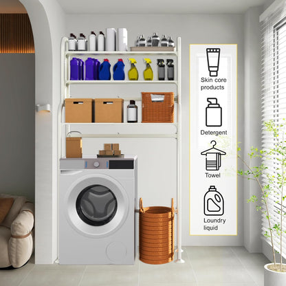 Adjustable Laundry Organizer Shelf over the Washer and Dryer Storage Shelf | 3 Tier Expandable Over Washer Storage, Over Toilet Washing Machine Bathroom Organization Shelves with Pegboard and Hook